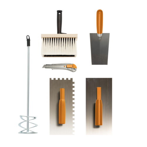 Werkzeugpaket mit Kelle, Zahnkelle, Quast, Rührpaddelaufsatz und Messer